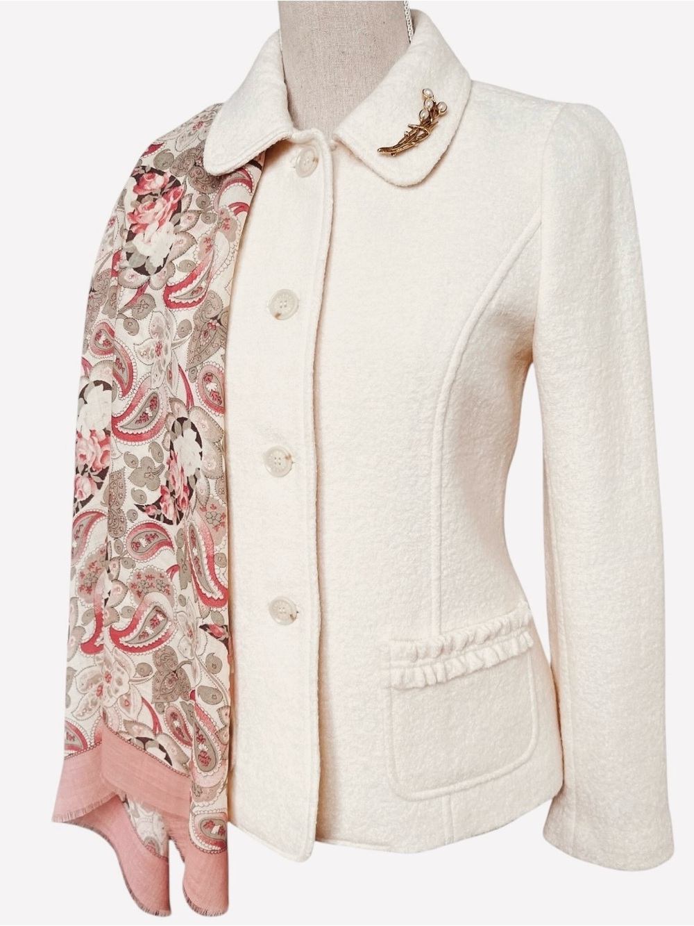 Talbots Boiled Wool Ruffle Detail Cream Jacket Blazer Size 2
